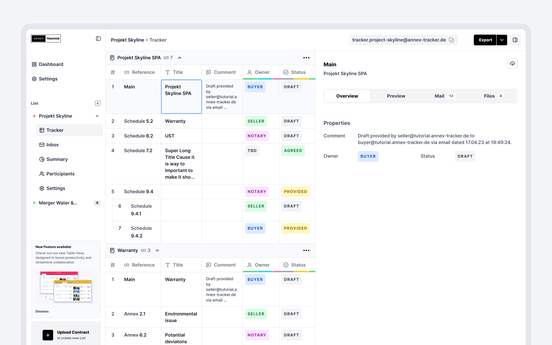 Annex Tracker interface with an annex list and a document details panel