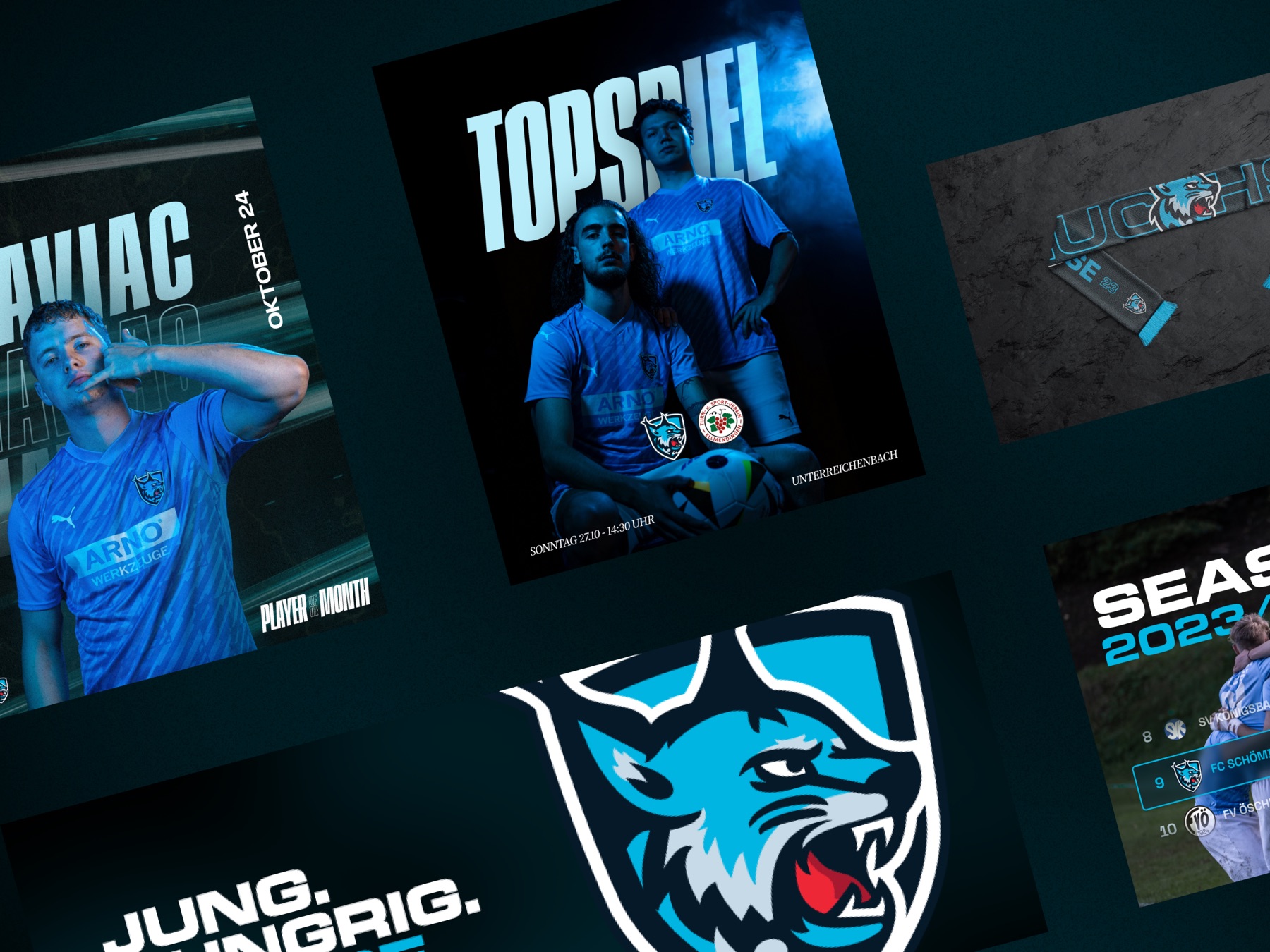 FC Schömberg Luchse crest, player and matchday graphics, and a club scarf