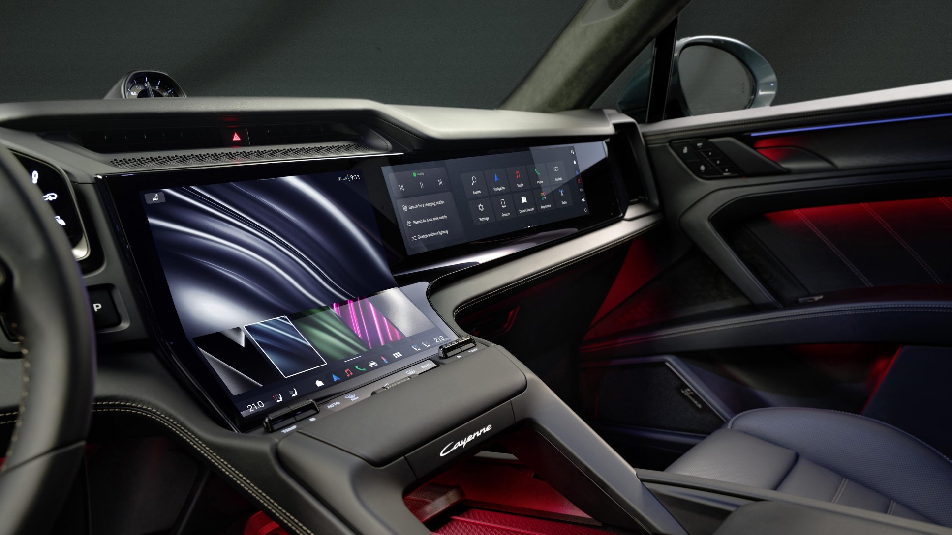 Cayenne interior with its central and passenger infotainment displays