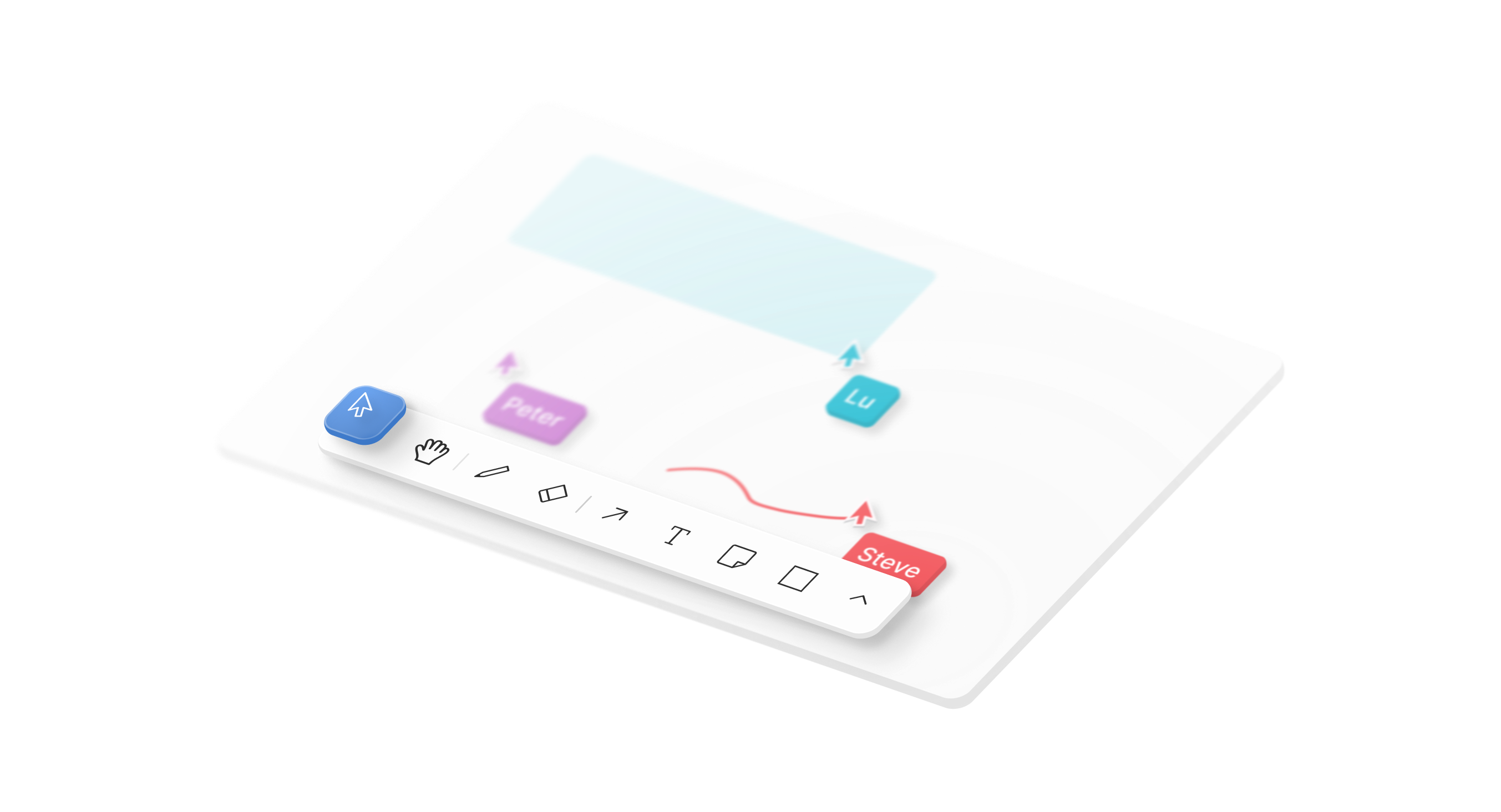 3D illustration of a multiplayer canvas with named cursors and a drawing toolbar
